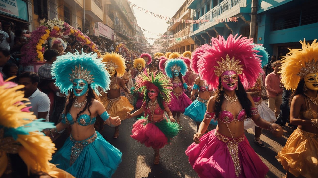 Goa Carnival parade with colorful dancers wearing feathered headgear and vibrant costumes, performing on a crowded street decorated with flowers and banners, festive atmosphere with cheering crowd.