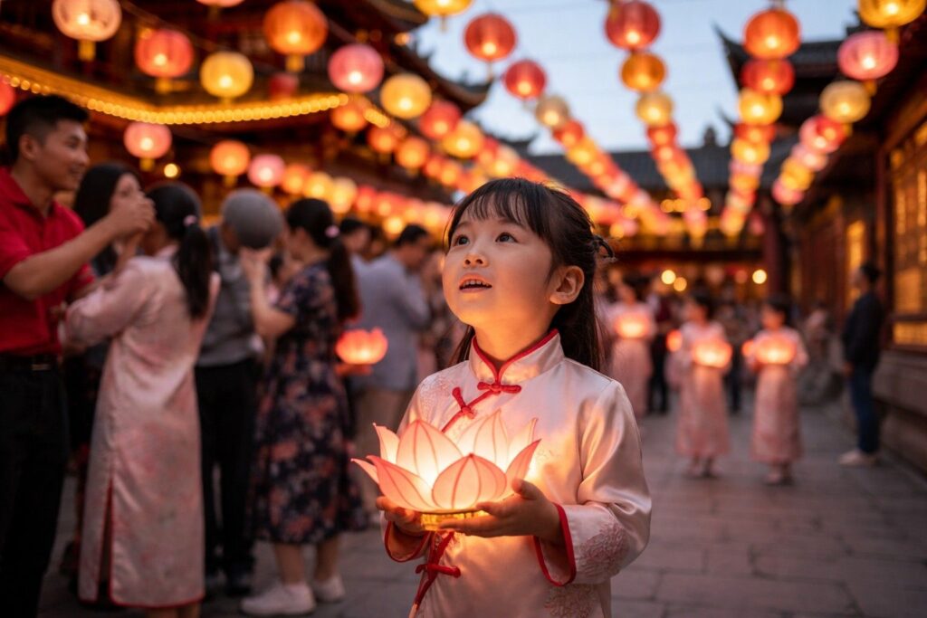 Young girl holding a glowing lotus lantern while watching lanterns overhead at a Chinese Lantern Festival night market