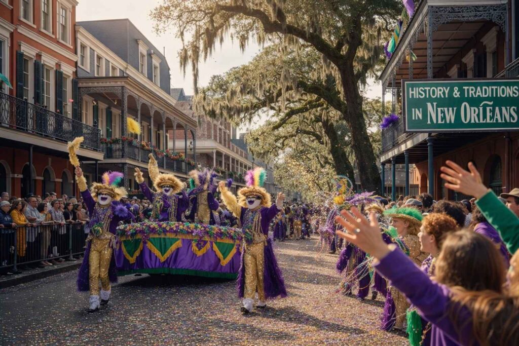 Mardi Gras Festival history and traditions parade in New Orleans with masked performers, colorful beads, and crowds celebrating cultural heritage