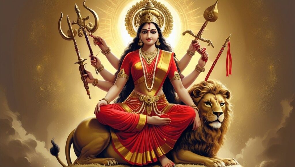 Goddess Durga seated on a lion holding divine weapons in a powerful pose