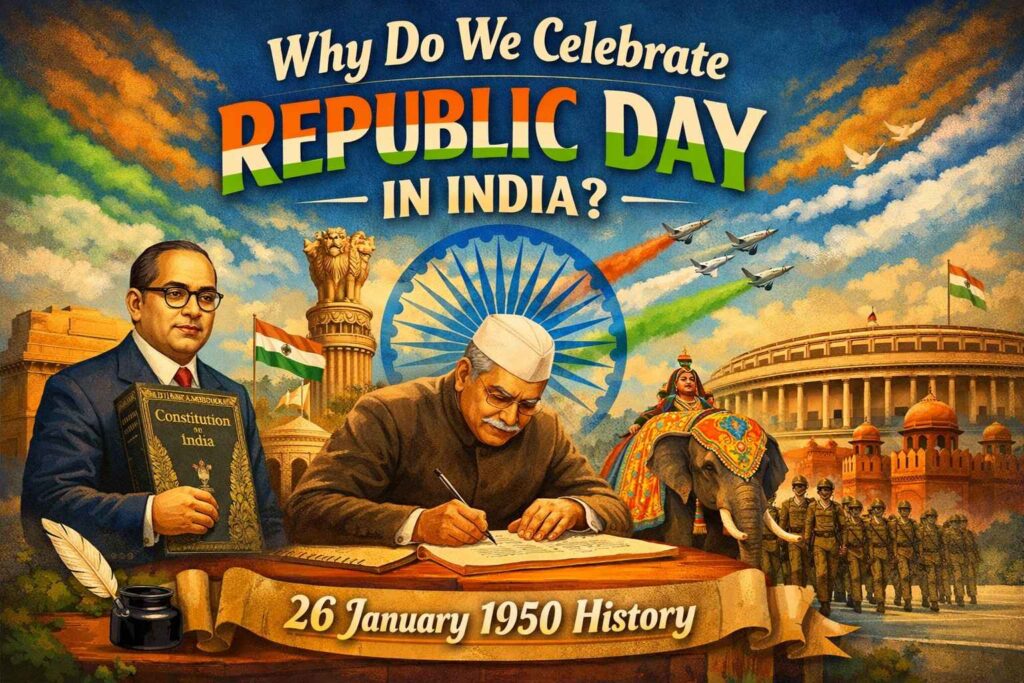 Why Republic Day is celebrated in India, 26 January 1950 history, Dr. B. R. Ambedkar and the Indian Constitution illustrated poster