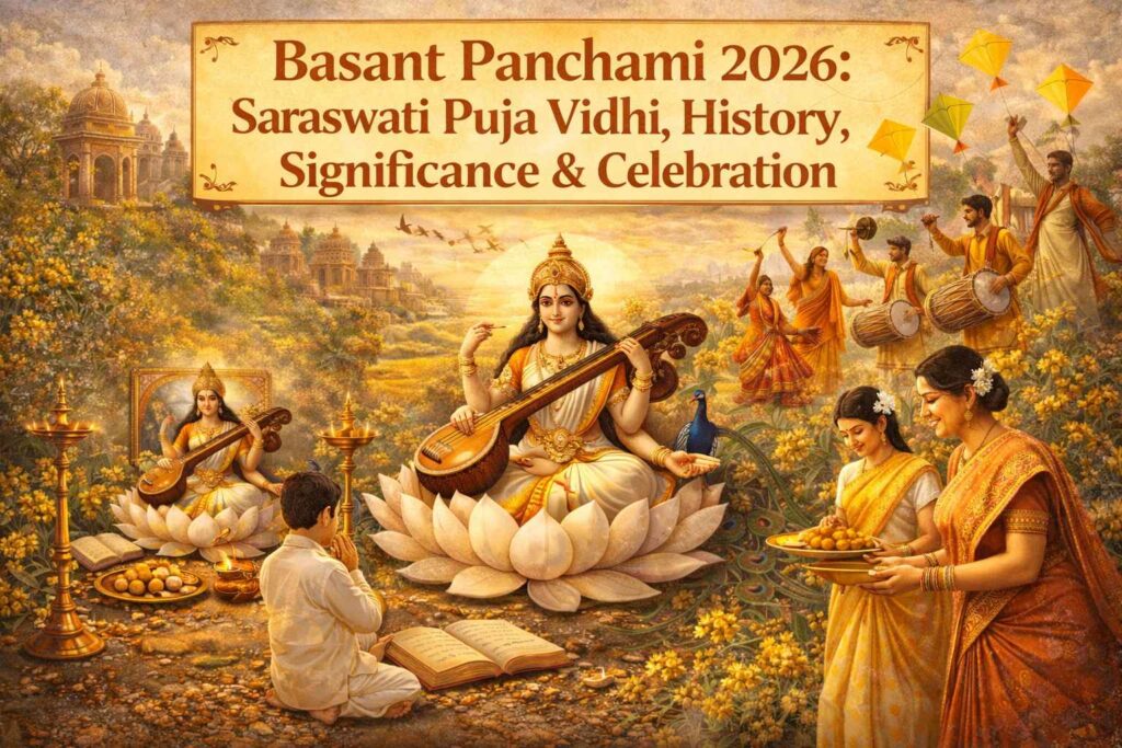 Basant Panchami 2026 Saraswati Puja celebration showing rituals, devotees, and cultural traditions