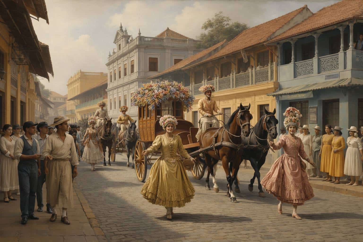 Goa Carnival History and Significance Vintage-style Goa Carnival procession showing people in traditional Portuguese-era costumes, horse-drawn carriage, and historic Goan buildings