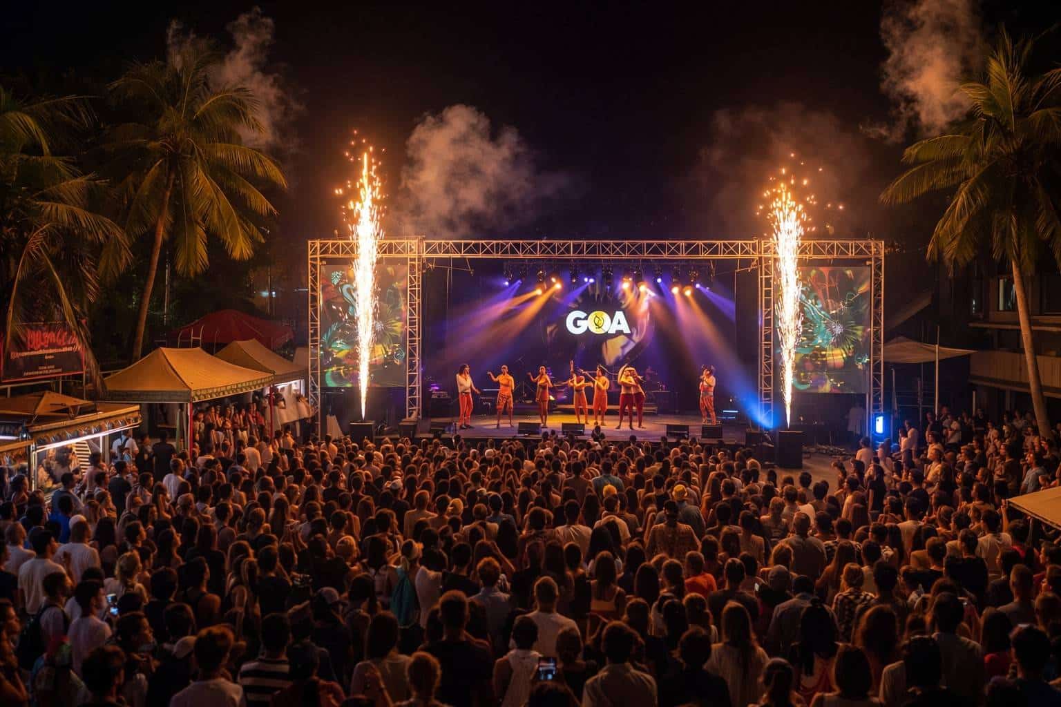 Nighttime Goa Carnival celebration featuring live music concert, stage performances, fireworks, and a large festive crowd