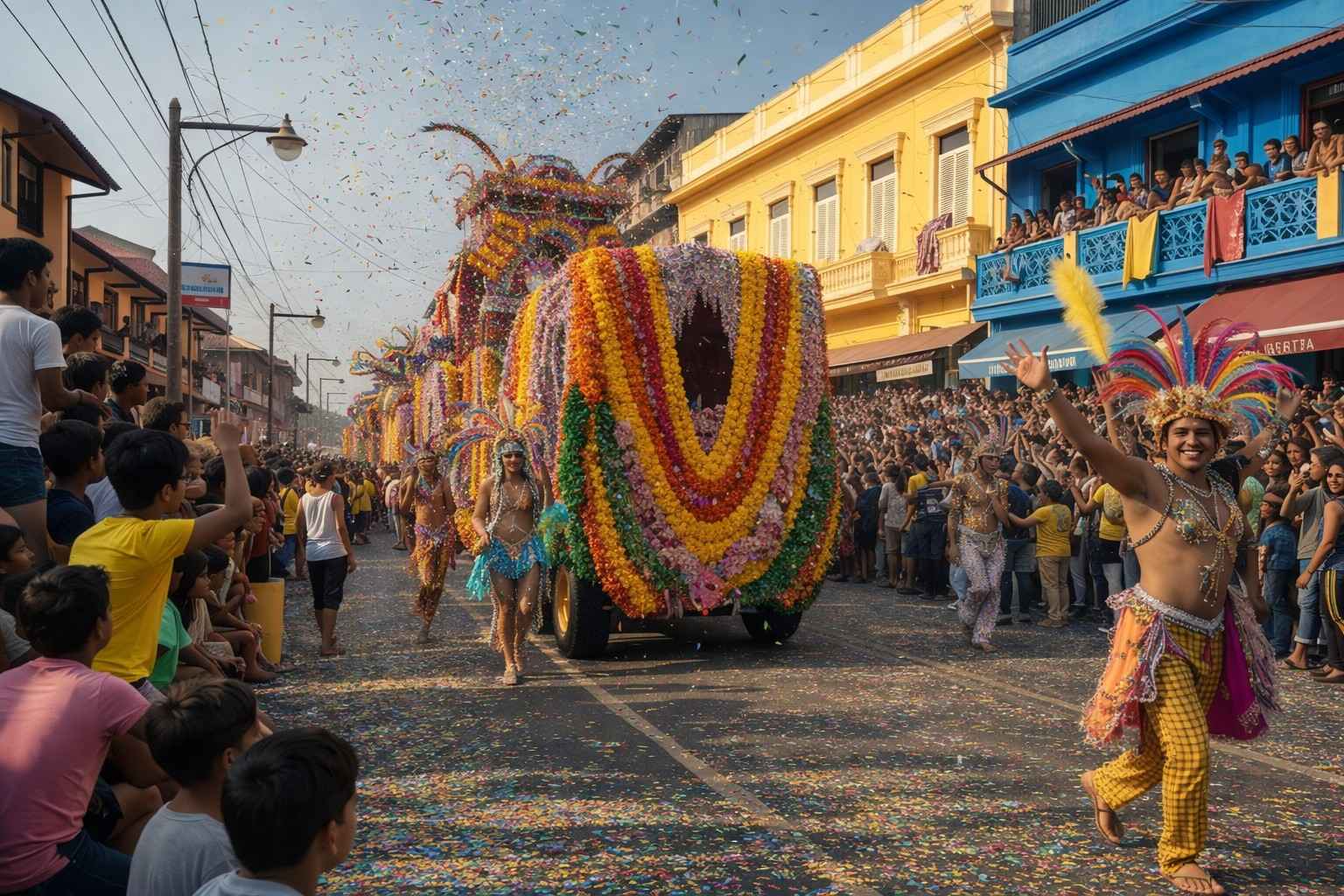 Decorated Goa Carnival float moving through crowded streets with performers, confetti, and festive atmosphere in daylight
