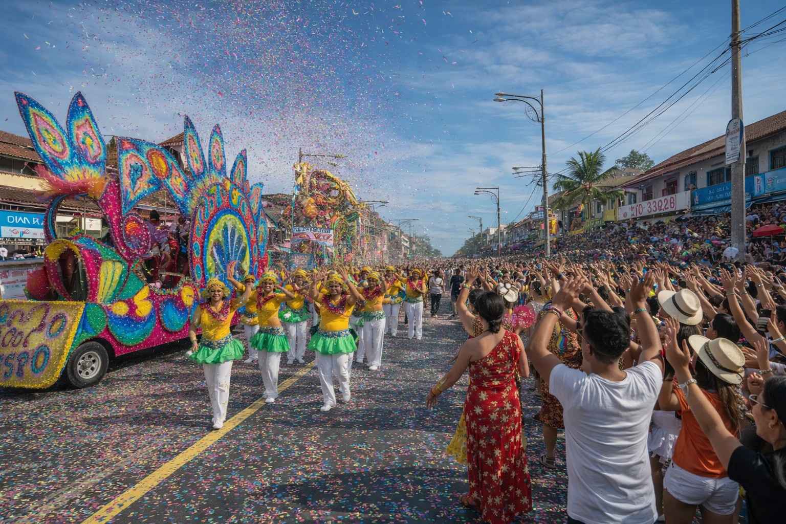 What is Goa Carnival Grand Goa Carnival street parade with colorful floats, dancers, and cheering spectators lining both sides of the road