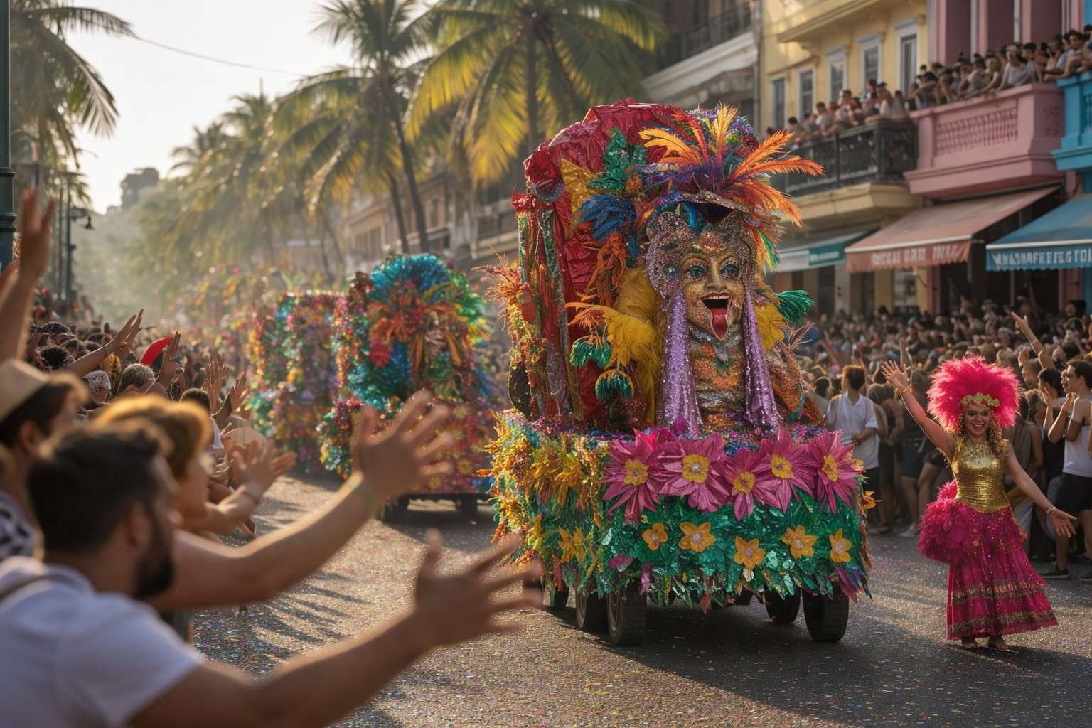 Artistic Goa Carnival float featuring creative masks, bright decorations, and performers celebrating with the crowd