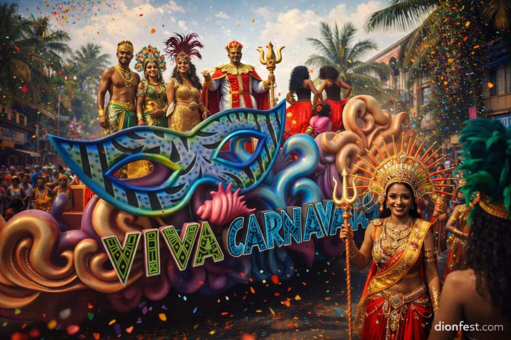 goa carnival themed float during Goa Carnival parade with performers in elaborate costumes and festive street celebrations
