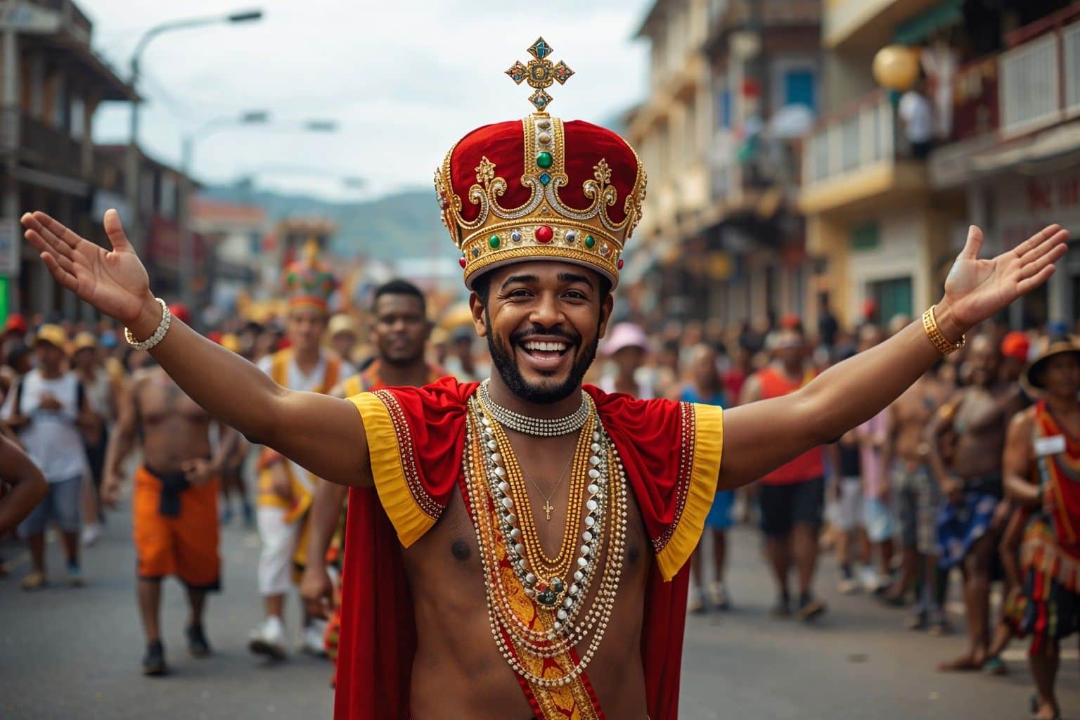 King Momo leading the Goa Carnival parade, wearing a crown and festive attire while welcoming crowds to the celebration