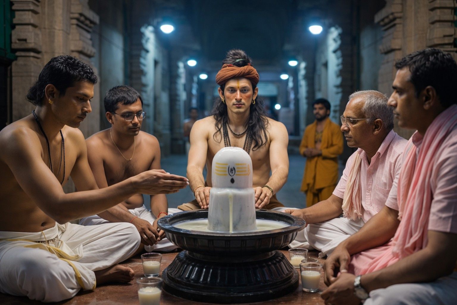 Maha Shivratri rituals and puja with devotees performing abhishekam on Shiva linga inside a temple