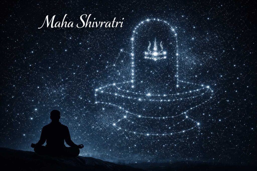 Symbolic depiction of Maha Shivratri showing a devotee meditating before a cosmic Shiva linga