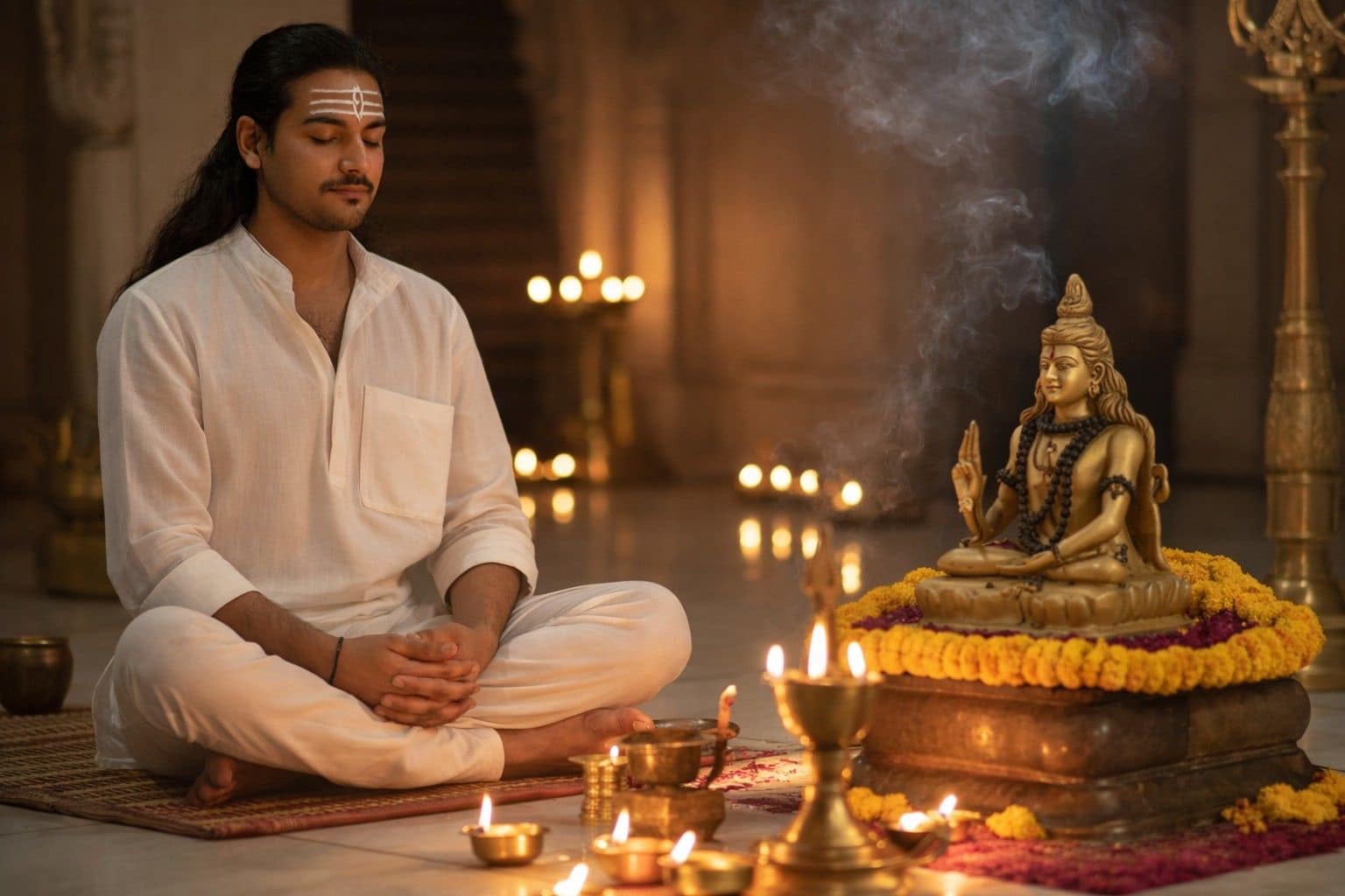 Devotee meditating before Lord Shiva idol on Maha Shivratri, representing spiritual significance and inner peace