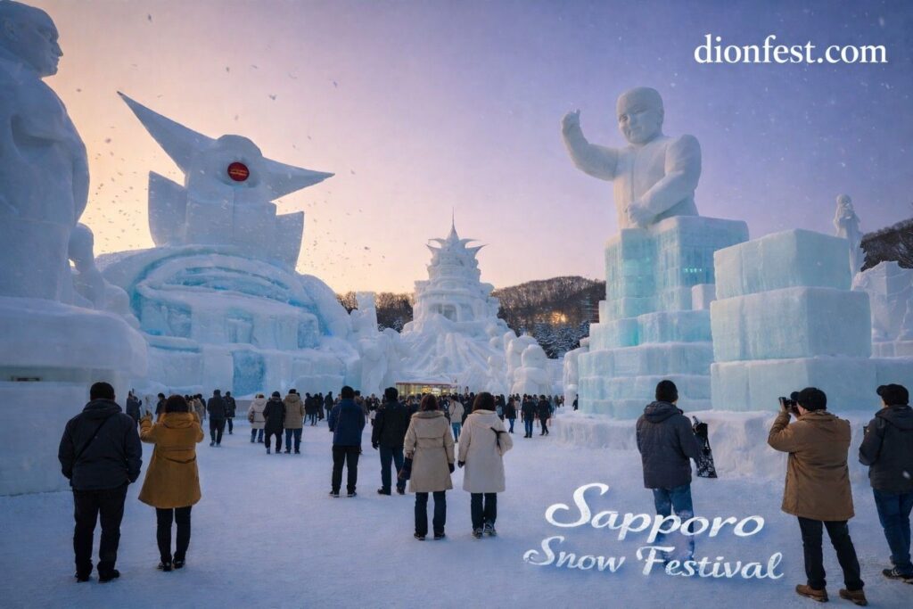 Iconic snow and ice sculptures at the Sapporo Snow Festival 2026 with visitors and winter evening atmosphere