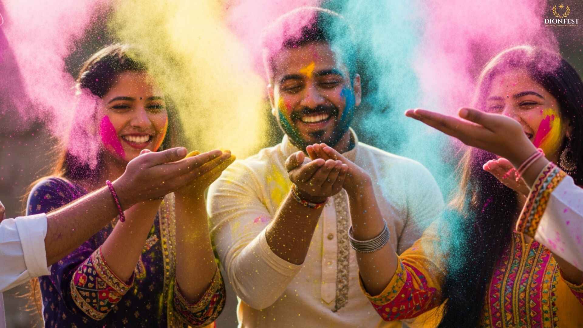 People celebrating Holi by applying colorful gulal on each other’s faces with smiles and laughter