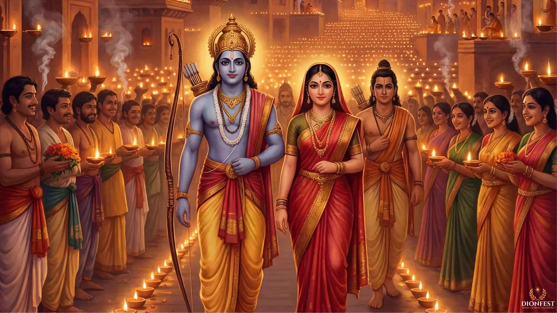 Illustration of Lord Rama, Sita, and Lakshman returning to Ayodhya during Diwali
