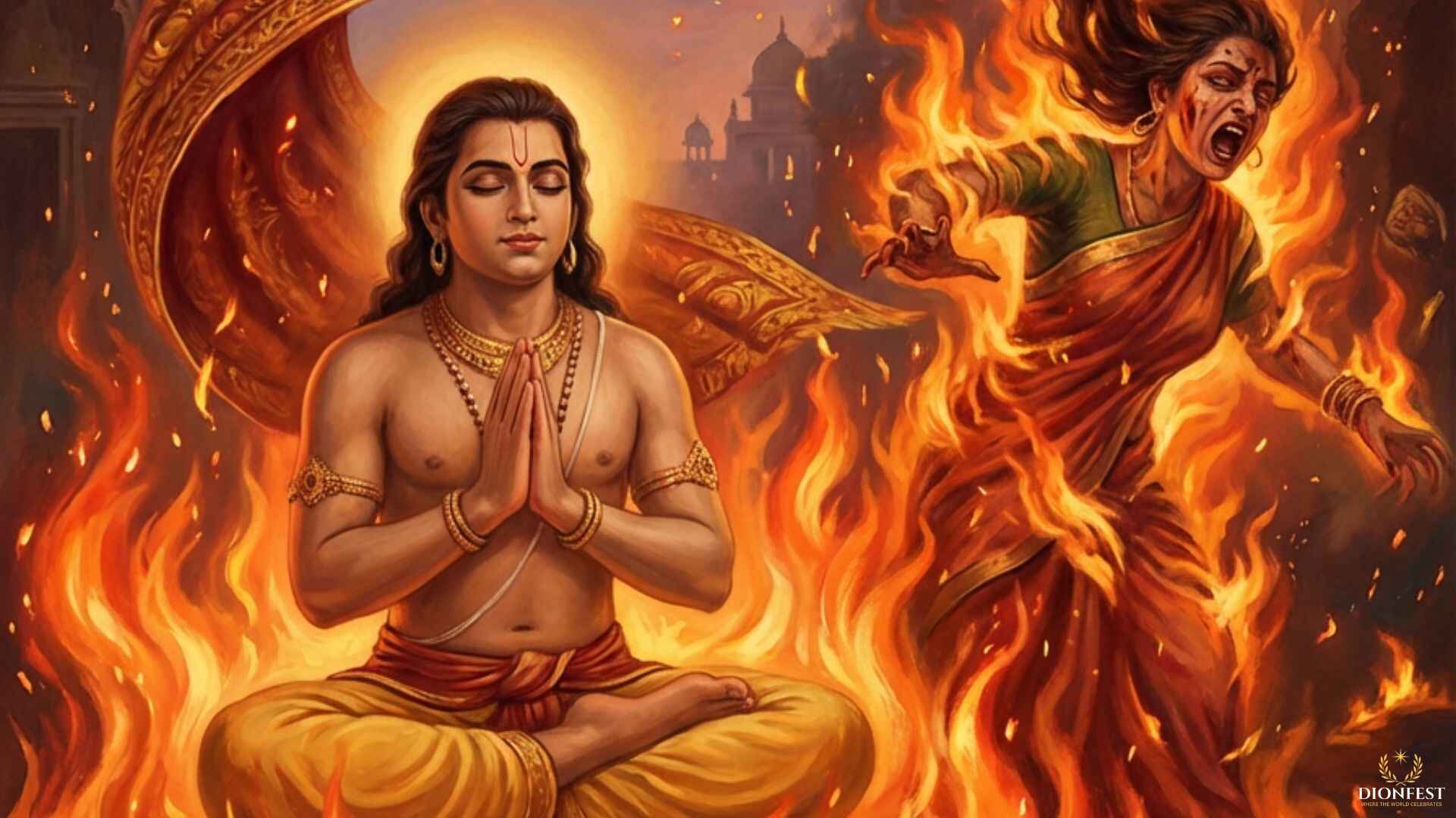 Mythological illustration showing Prahlad protected by divine grace while Holika burns in fire during Holika Dahan