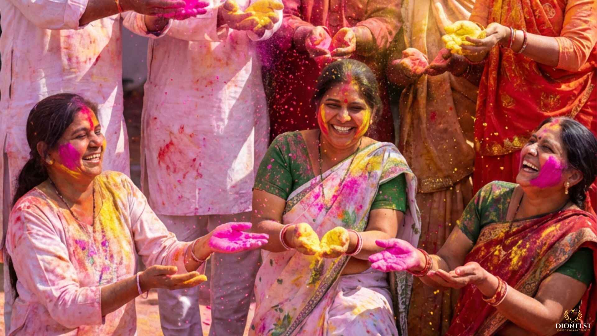 Group of people joyfully throwing colorful gulal into the air while celebrating Holi festival in India