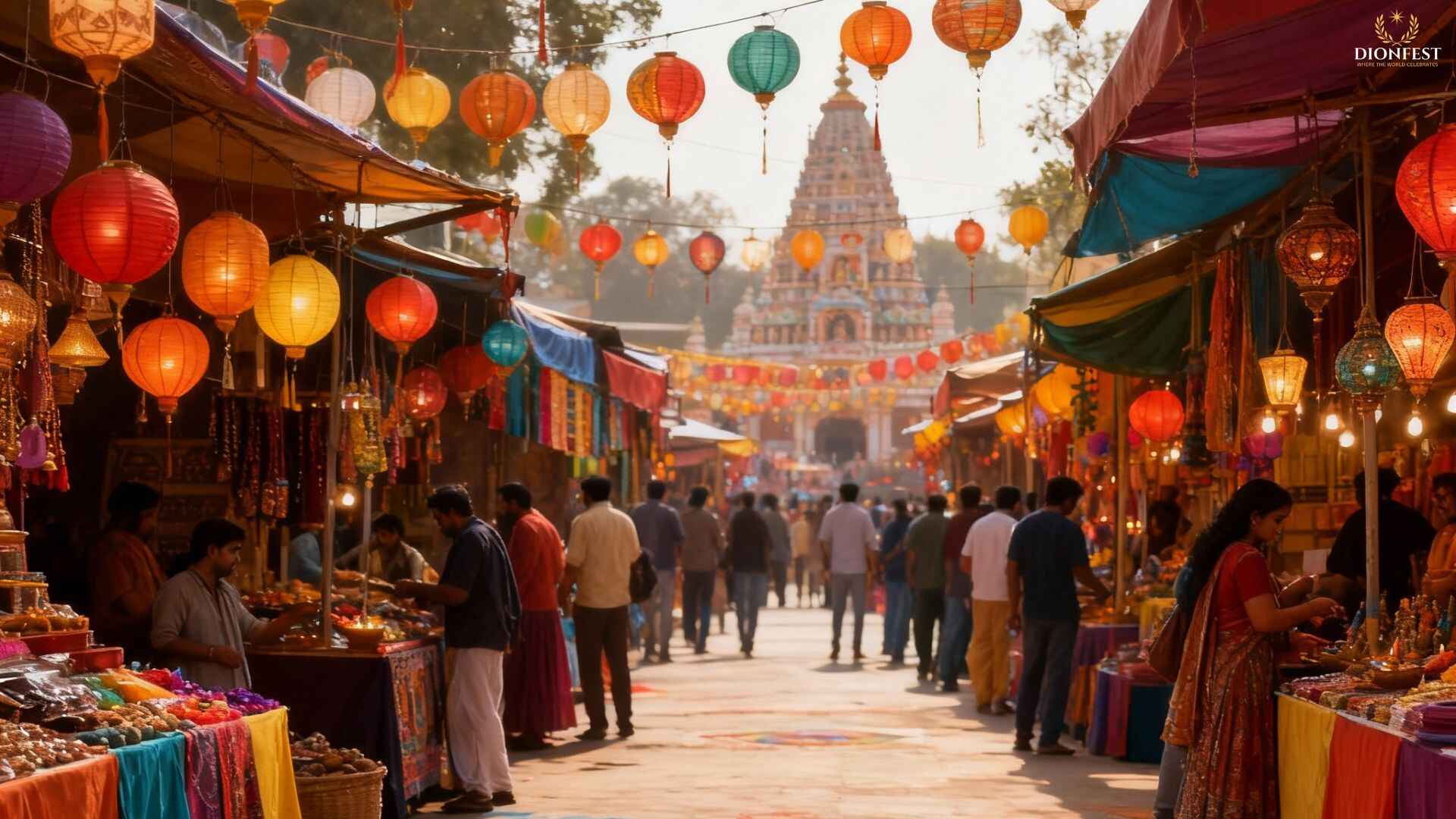 Crowded Diwali market with colorful lanterns and festive decorations