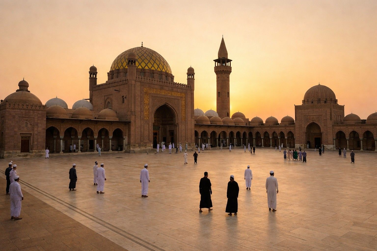 Eid al-Fitr 2026 sunset prayer gathering at grand mosque courtyard