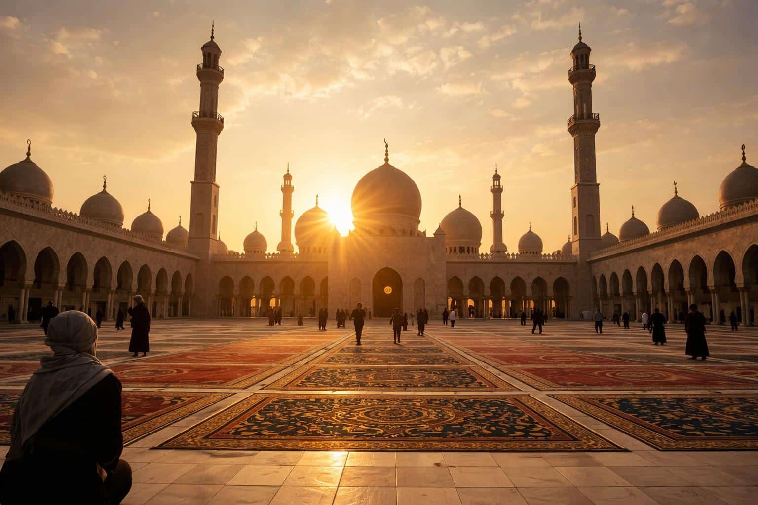Golden sunrise at mosque during Eid al-Fitr morning prayers