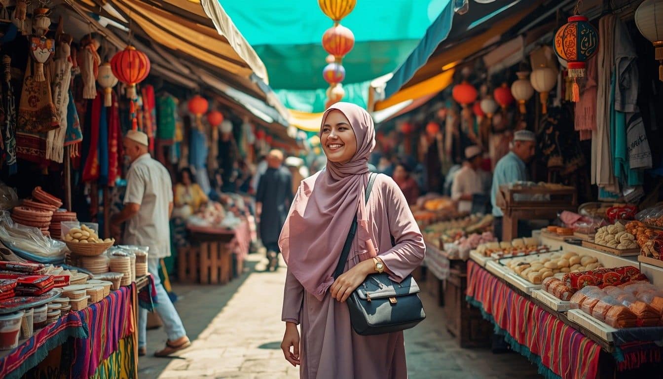 Traveler exploring colorful Eid al-Fitr market street