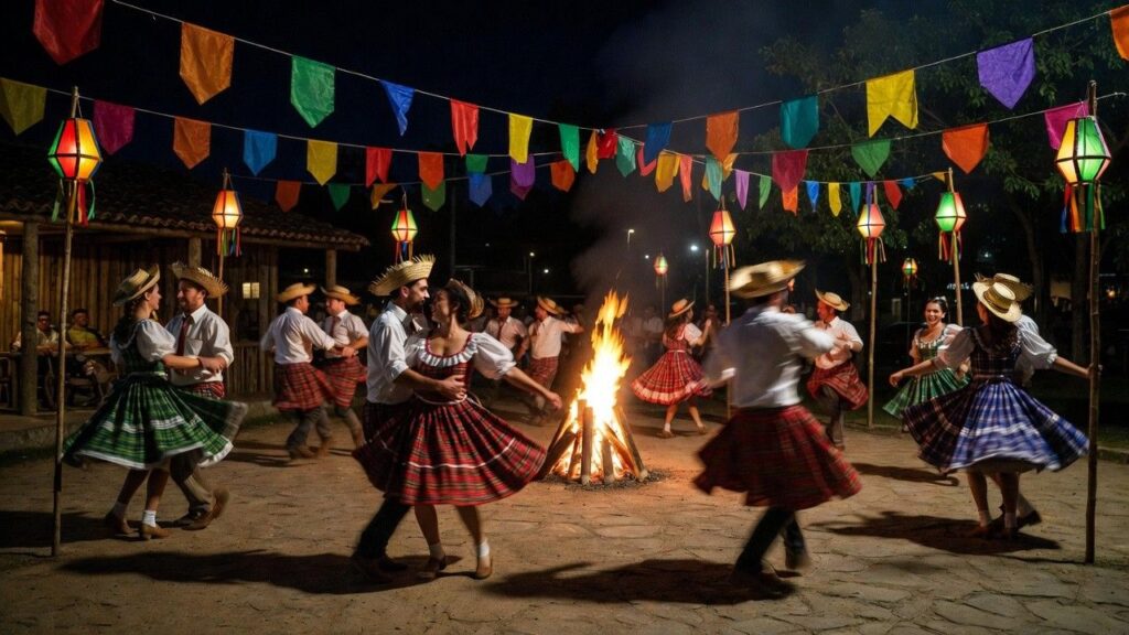 quadrilha dance around bonfire at Festa Junina festival Brazil 2026