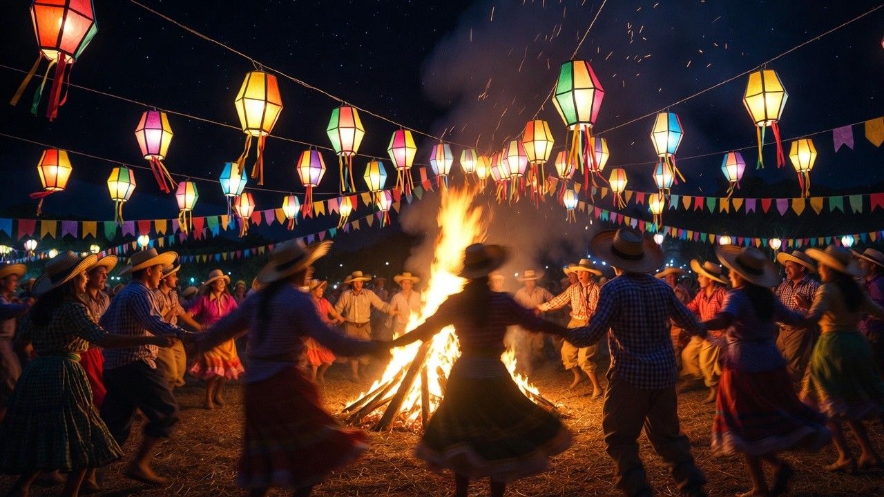 traditional bonfire circle dance during Festa Junina night celebration