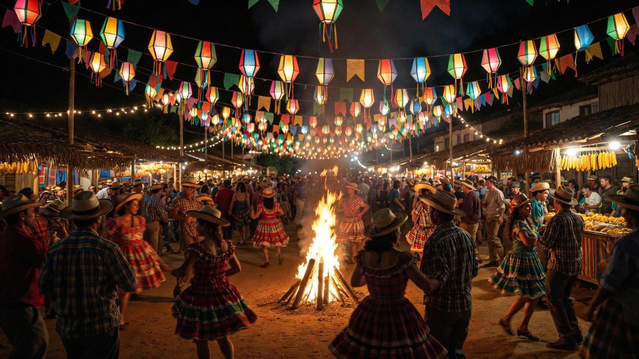 vibrant Festa Junina street market with lanterns and bonfire Brazil
