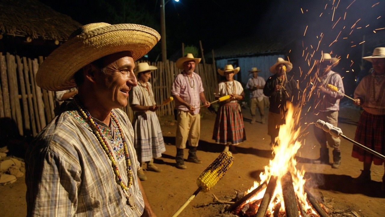 local man roasting corn at Festa Junina bonfire celebration