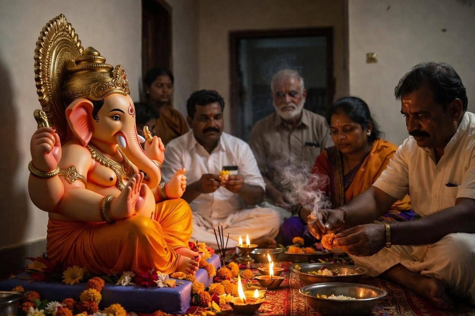 Family performing Ganesh Chaturthi puja at home with decorated Ganesha idol and diyas