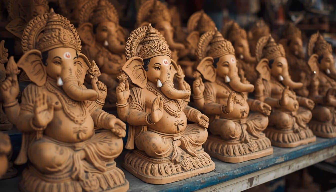 Eco-friendly clay Ganesha idols displayed in local market for Ganesh Chaturthi 2026