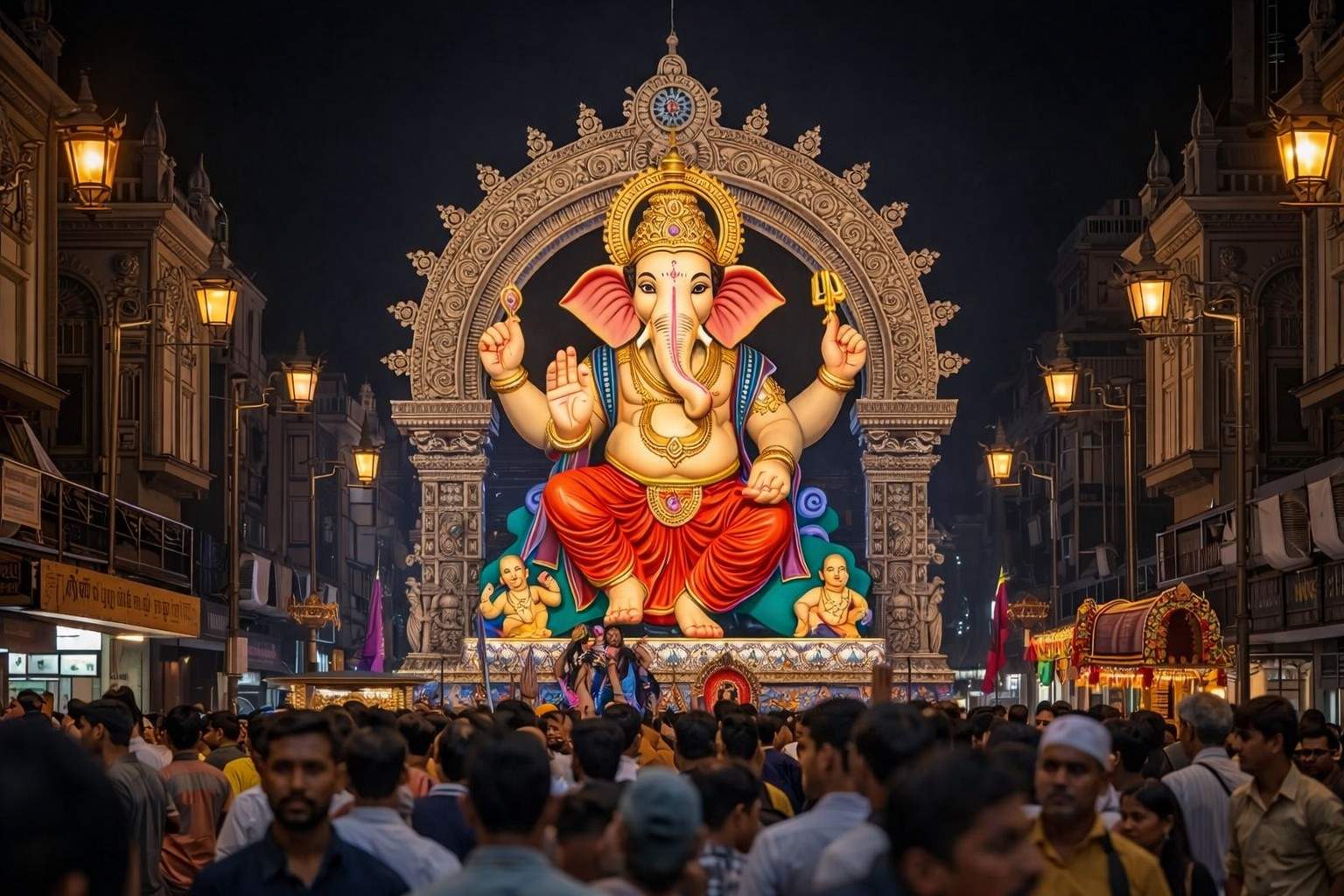 Grand Ganesh Chaturthi street procession with giant Ganesha idol and crowded city celebration at night