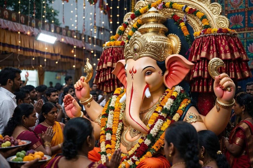 Grand decorated Ganesha idol during Ganesh Chaturthi 2026 celebration with devotees