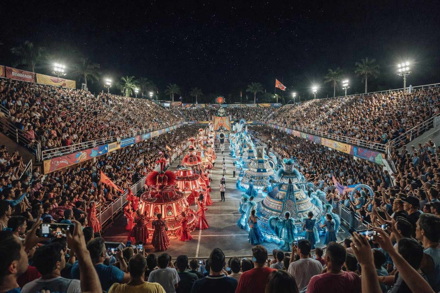 Bumbódromo arena packed with red and blue crowds during Parintins Folklore Festival 2026