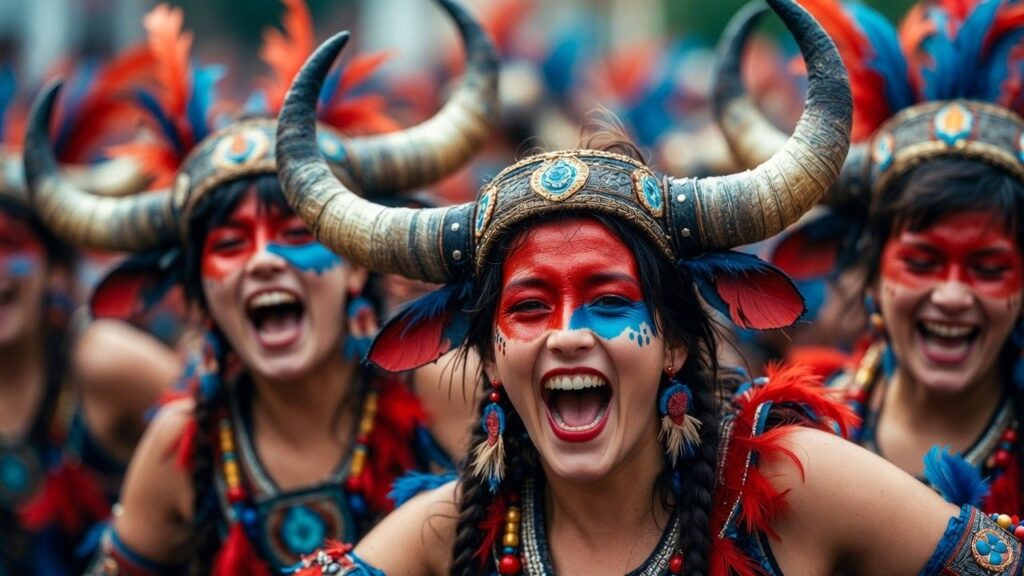Close-up of festival dancer with red and blue face paint at Parintins Festival 2026