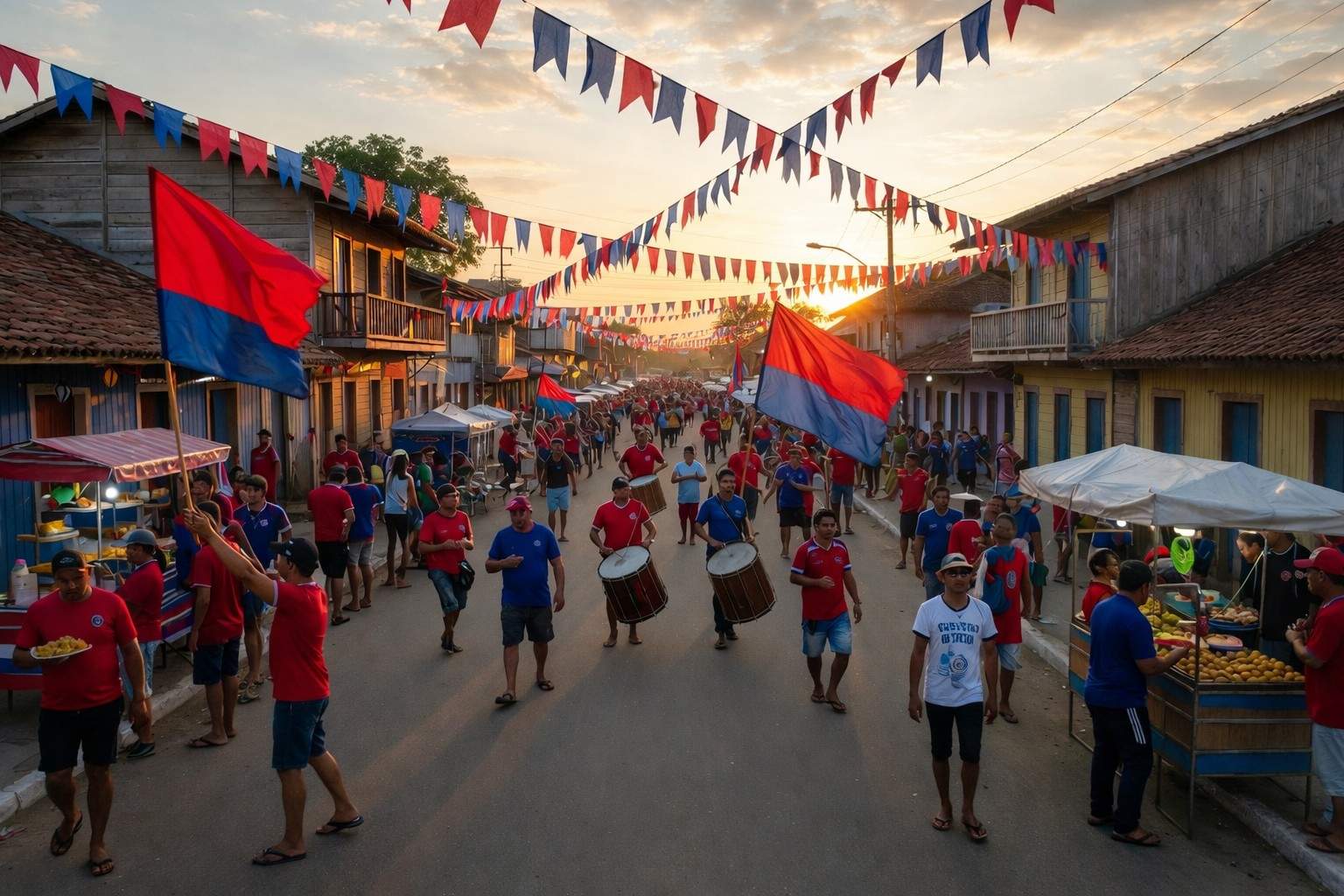 Street celebration in Parintins with red and blue flags during the 2026 folklore festival