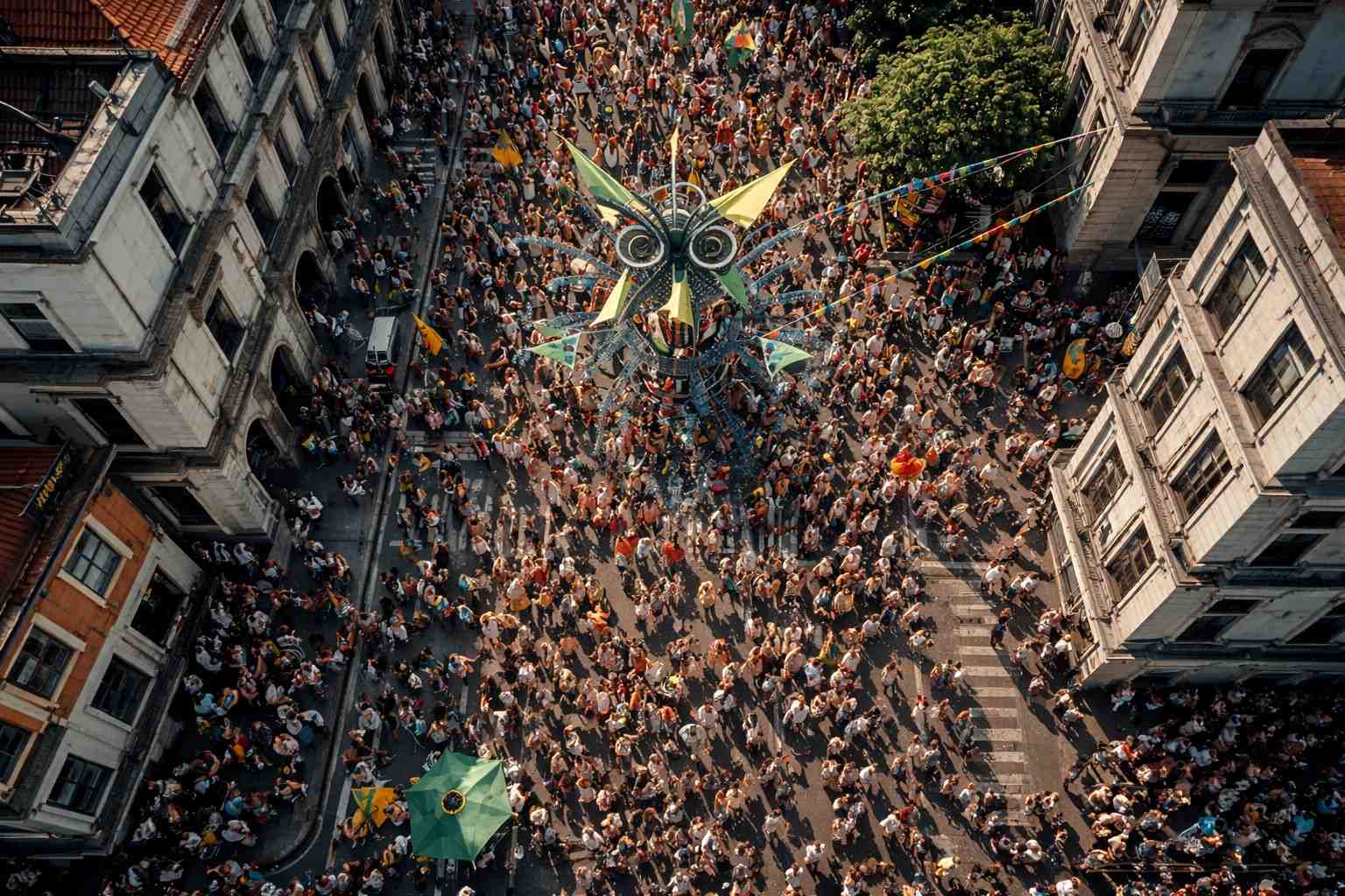 Aerial view of Rio Carnival street celebration with massive crowds and festive decorations