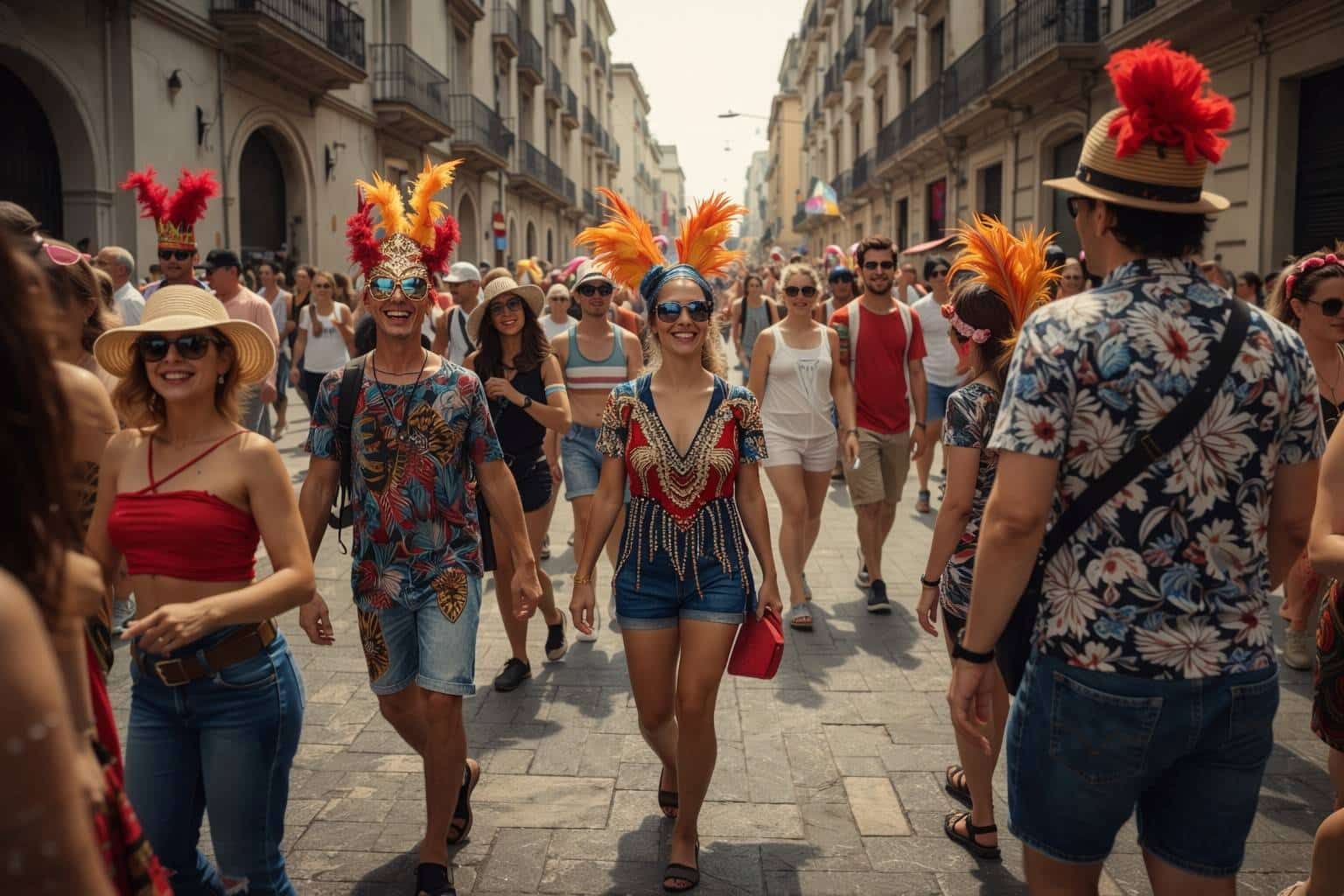 Tourists enjoying Rio Carnival street parties wearing colorful carnival outfits