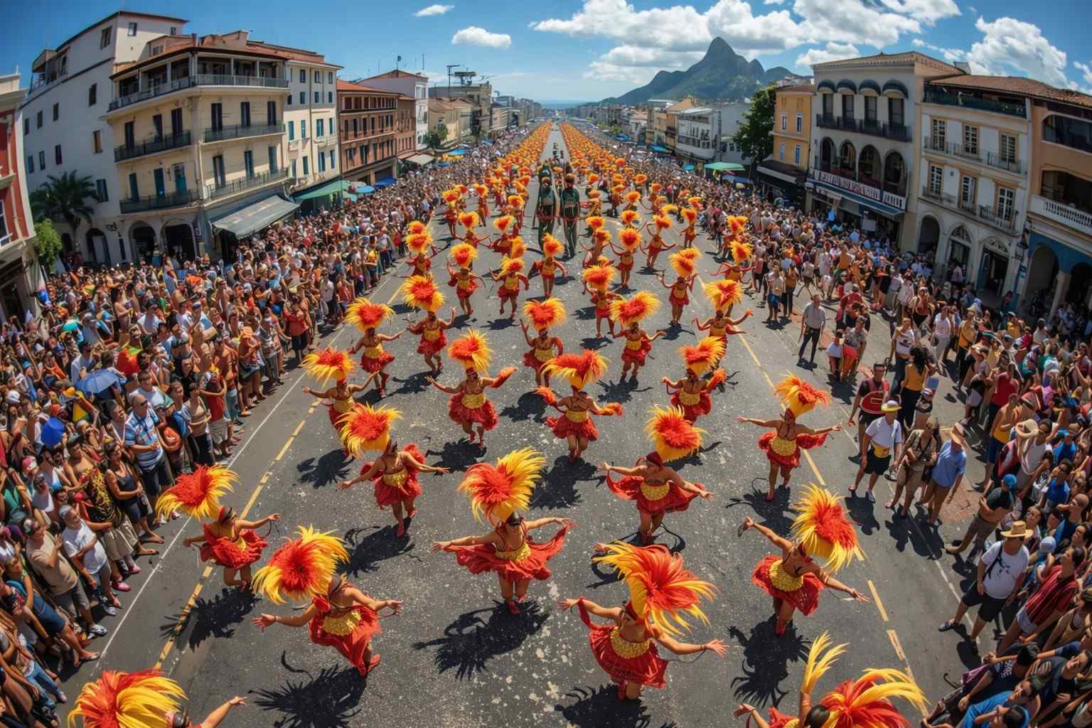 Rio Carnival daytime parade with samba dancers performing in the streets