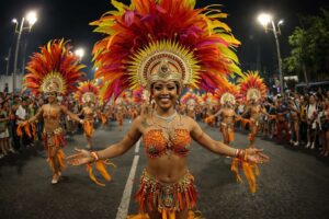 Samba dancers performing at Rio Carnival night street celebration