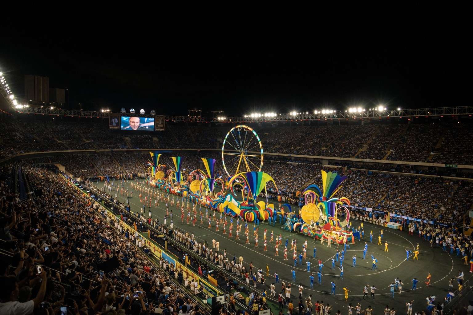 Rio Carnival parade at the Sambadrome with samba schools and grand floats