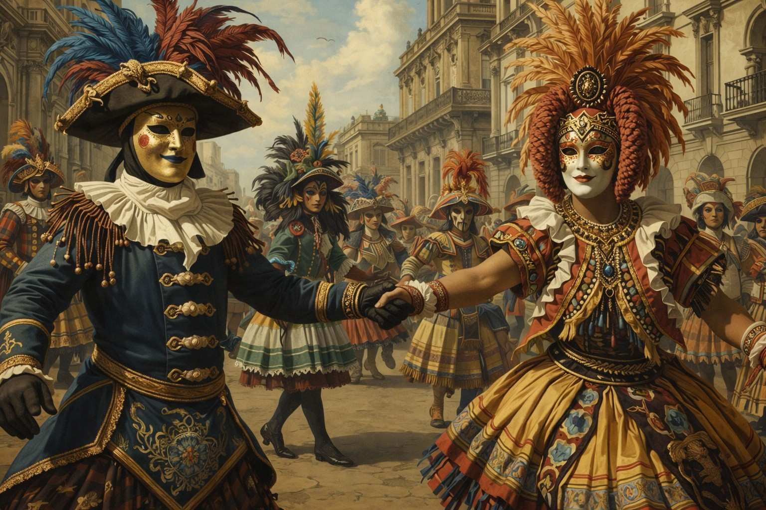 Historic style illustration showing early Rio Carnival traditions and costumes