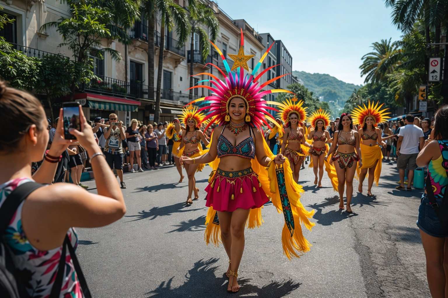 Rio Carnival street parade with samba dancers and tourists taking photos