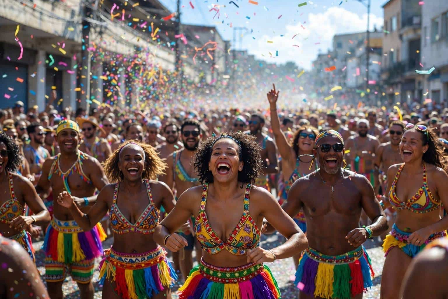 Colorful bloco street dancers celebrating Salvador de Bahia Carnival 2026 with confetti