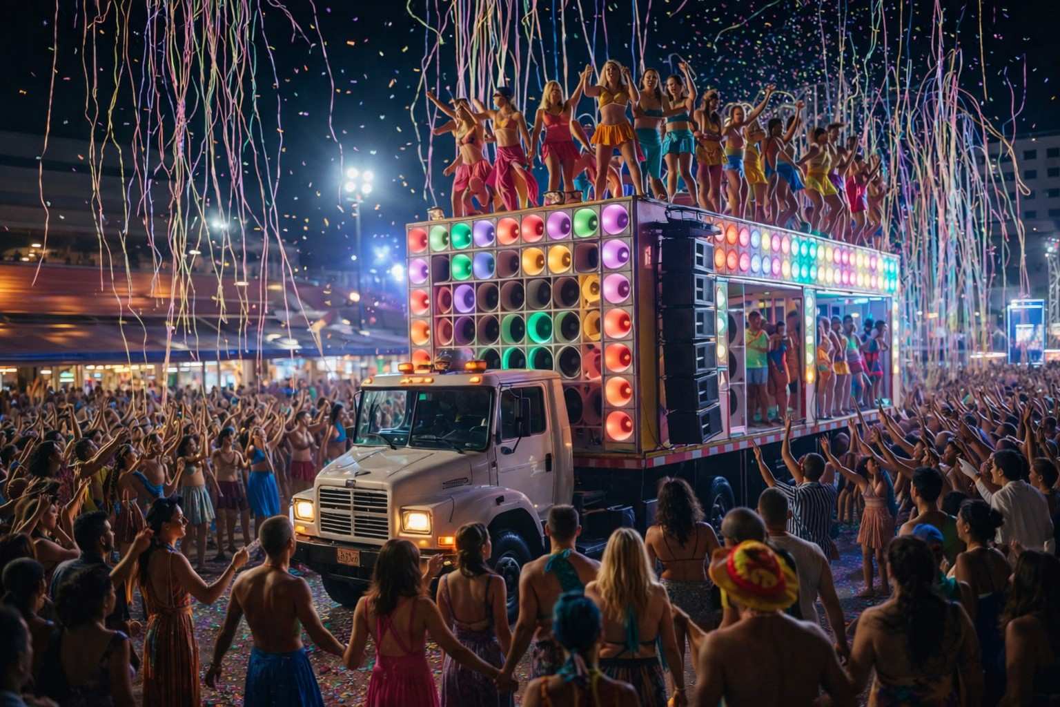 Trio eletrico truck with colorful speakers and dancers at Salvador de Bahia Carnival 2026 night