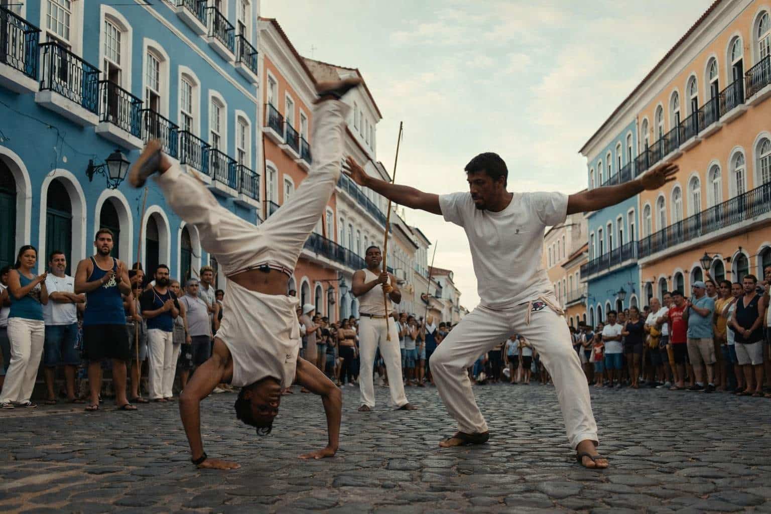 Capoeira performers doing acrobatic moves in Pelourinho cobblestone square Salvador Bahia Carnival 2026
