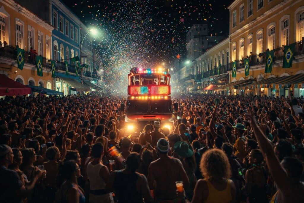 Massive crowd celebrating Salvador de Bahia Carnival 2026 night with trio eletrico truck and Brazilian flags