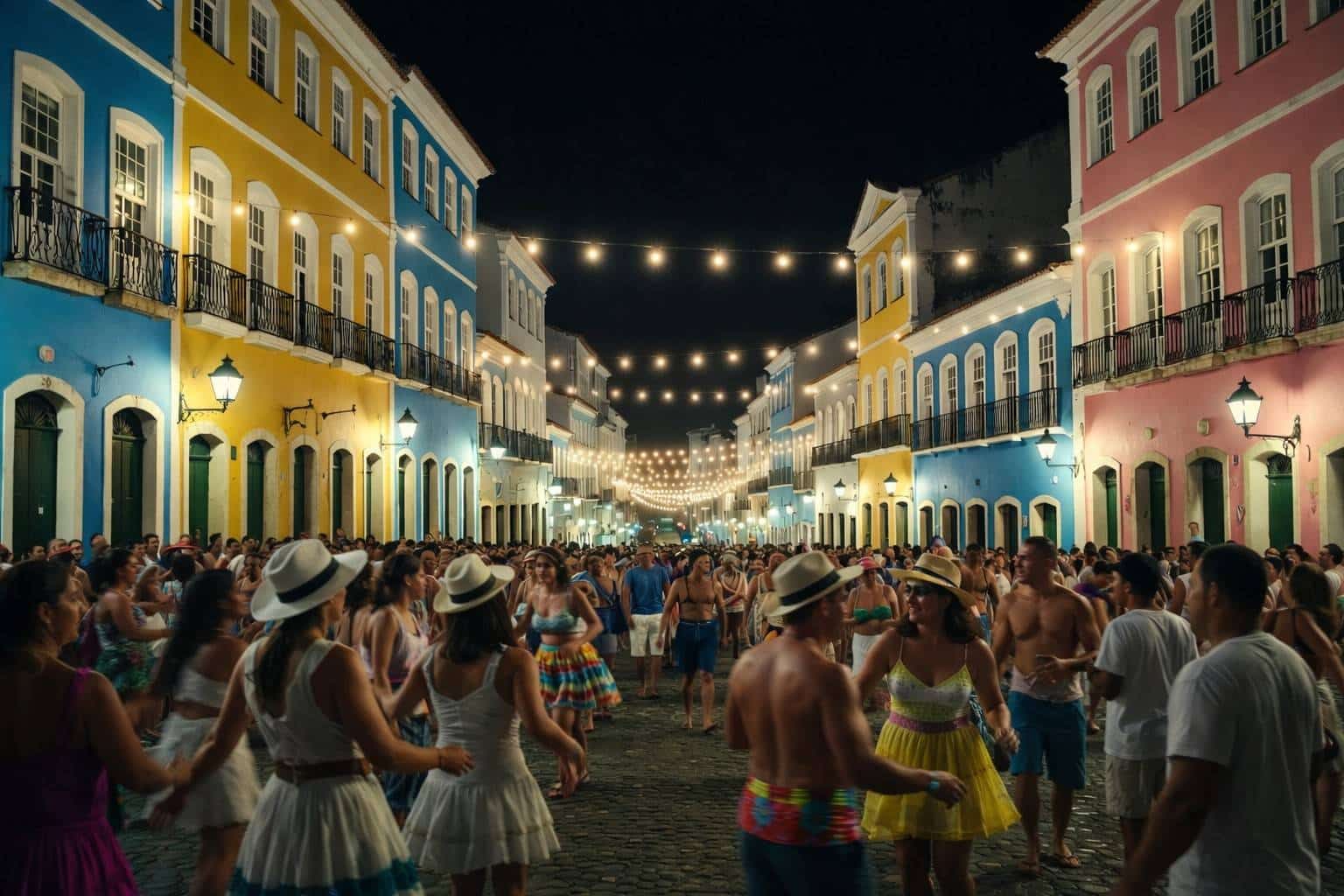People dancing in colorful Pelourinho historic district streets during Salvador de Bahia Carnival 2026 night