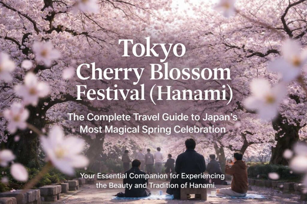 Tokyo Cherry Blossom Festival Hanami complete travel guide cover with people sitting under blooming sakura trees in a Japanese park