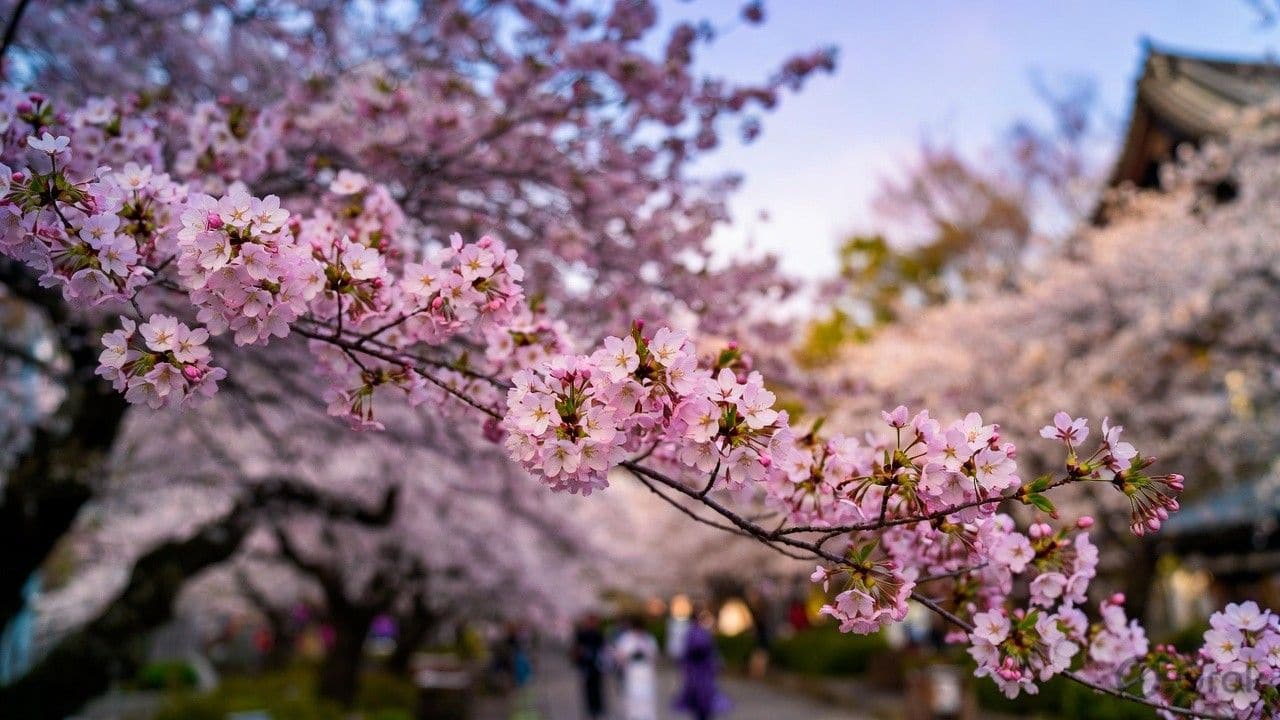 Close-up of pink cherry blossom branches in full bloom with a traditional Japanese temple and soft bokeh background at dusk